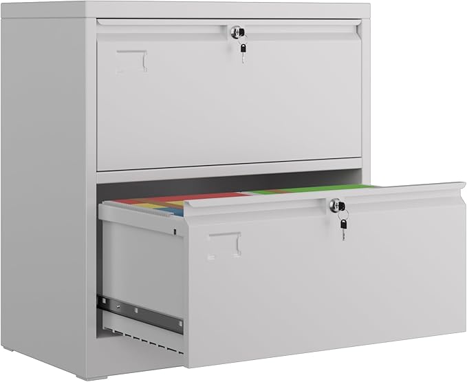 METAN Upgrade Metal 2 Drawer Lateral Files Cabinet for Home Office, Lockable Steel Wide File Storage Cabinet for Hanging Legal/Letter A4 Size, Assembly Required,White