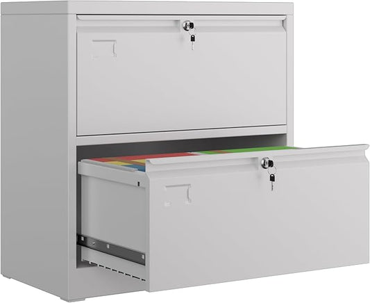 METAN Upgrade Metal 2 Drawer Lateral Files Cabinet for Home Office, Lockable Steel Wide File Storage Cabinet for Hanging Legal/Letter A4 Size, Assembly Required,White
