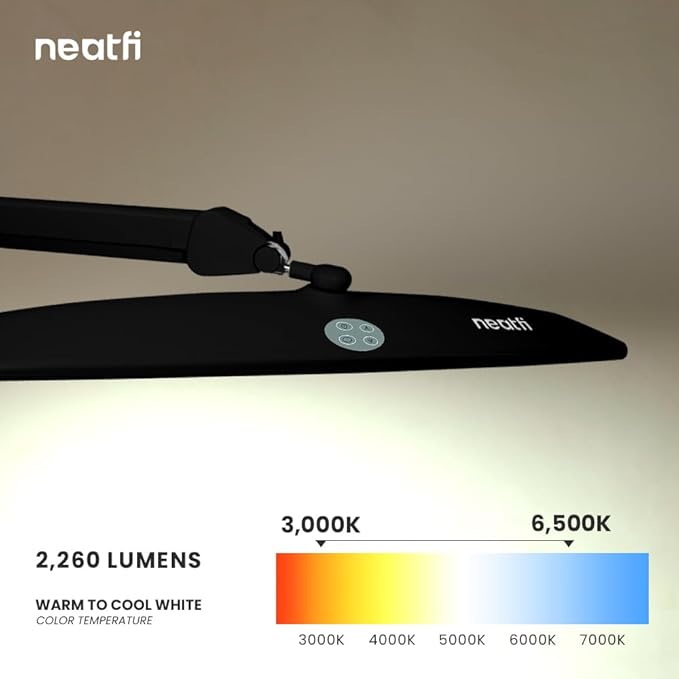 Neatfi Elite HD XL Task Lamp, 3 Adjustable Light Modes, 22 Inches Wide, 2260 Lumens, 84PCS SMD LED, Super Bright Desk Light, Non-Polar Dimming (CCT with Clamp, Black)