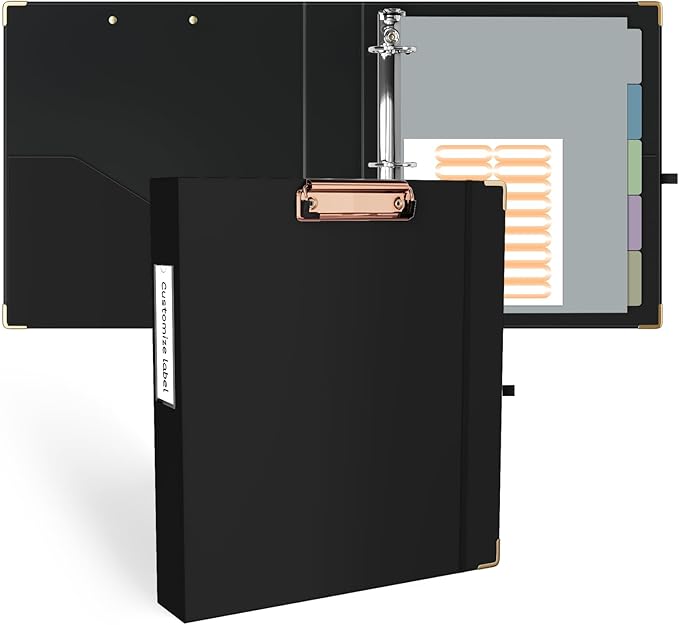 Ospelelf 3 Ring Binder, 1.5 Inch, Cute Letter Size (11" x 8.5") with 5 Tab Dividers, File Folder Labels and Low Profile Clipboards, Black Binder for School and Office Supplies
