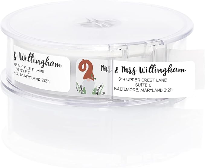 Holiday Gnome Rolled Address Label/Roll of 250 Adorable Christmas Personalized Address Labels/Designer Return Address Stickers in Elegant Plastic Dispenser