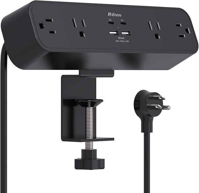 PD40W Desk Clamp Power Strip, Desktop Mount Surge Protector, Fast Charging Station, 5Ft Extension Cord Desk Mount Shelf with 4 Outlets 4 USB Ports (2 USB C), Home Office Accessories Essentials, Black