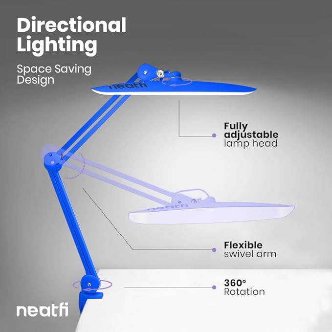 Neatfi XL 2,200 Lumens LED Task Lamp, 24W Super Bright Desk Lamp, 117 Pcs SMD LED, 4 Level Brightness, Dimmable, Task Light for Home, Office, Workbench (Non-CCT, Sapphire Blue)