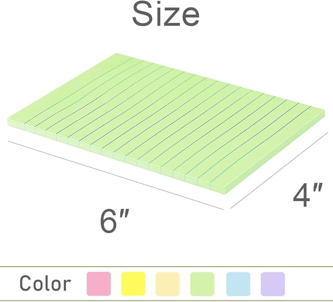 Lined Sticky Notes 4X6 in Pastel Ruled Post Stickies Colorful Super Sticking Memo Pads, 45 Sheets/pad, 6 Pads/Pack