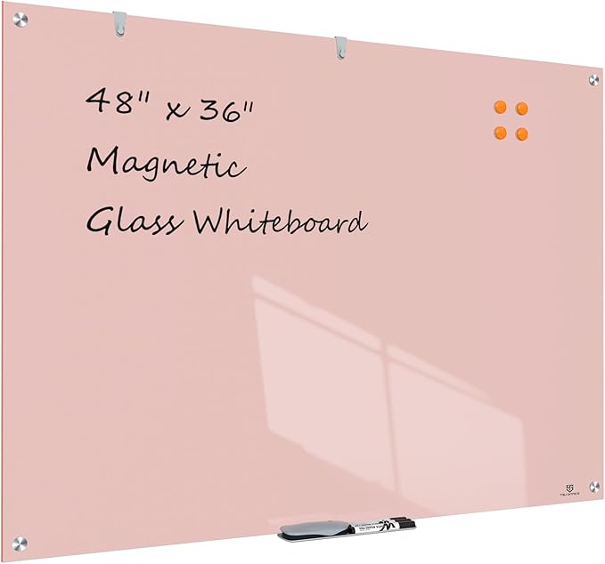 TSJ OFFICE Glass Dry-Erase Board - 48 x 36 Inches Wall Mounted Magnetic Whiteboard, Large Frameless Glass White Board for Office, Home & School, Pink
