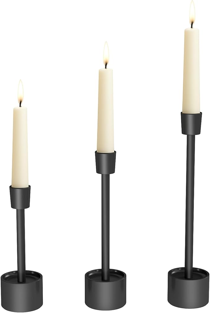 YUMORE Small Candle Holders - Pillar Candle Solid Stainless Steel Stands for Halloween, Wedding Centerpieces, Dining Table, Mantel Decor, Modern Farmhouse, Matte Black 3-Packs