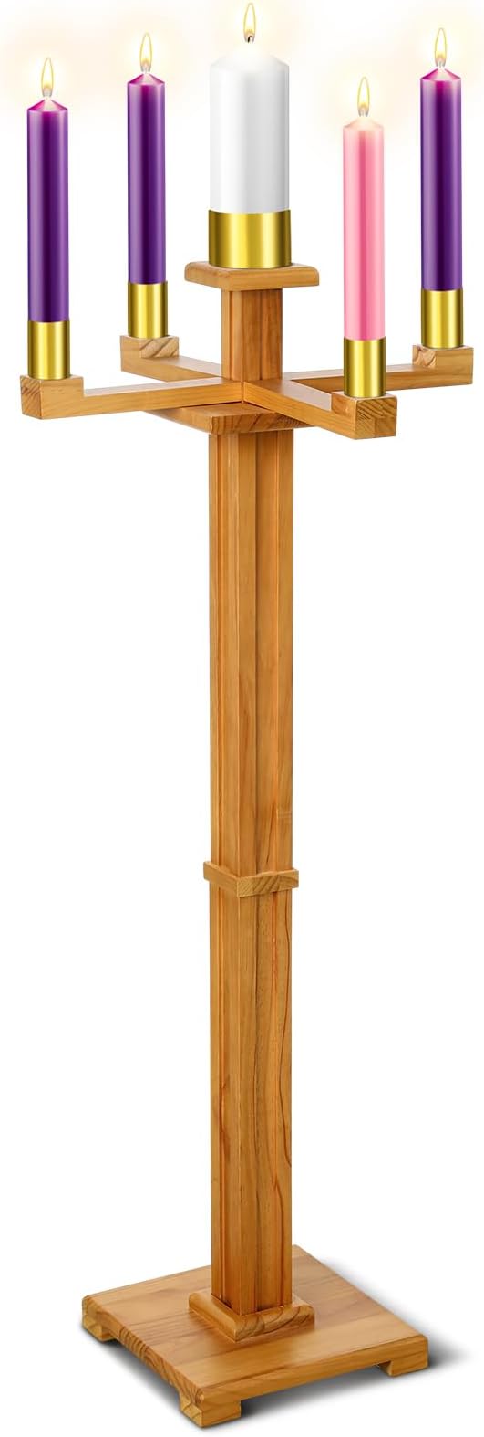 Mumufy 48 Inch Tall Advent Church Stand Candleholder Set of 5 Purple Pink White Candles Wood Nativity Candle Stand with Metal Arch Christmas Candlestick Holder for Christmas Church Holy(Natural Wood)