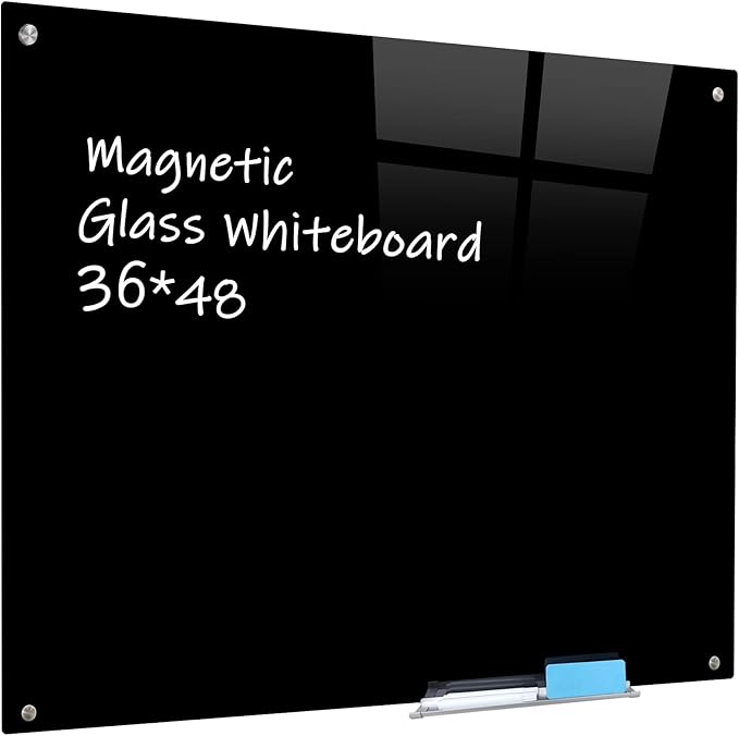 Magnetic Black Glass Board with Eraser Frameless Tempered Glass Dry Erase Blackboard with Marker Tray for Interactive Office, Wall Mounted Frosted Black Glass Board, 48" x 36"