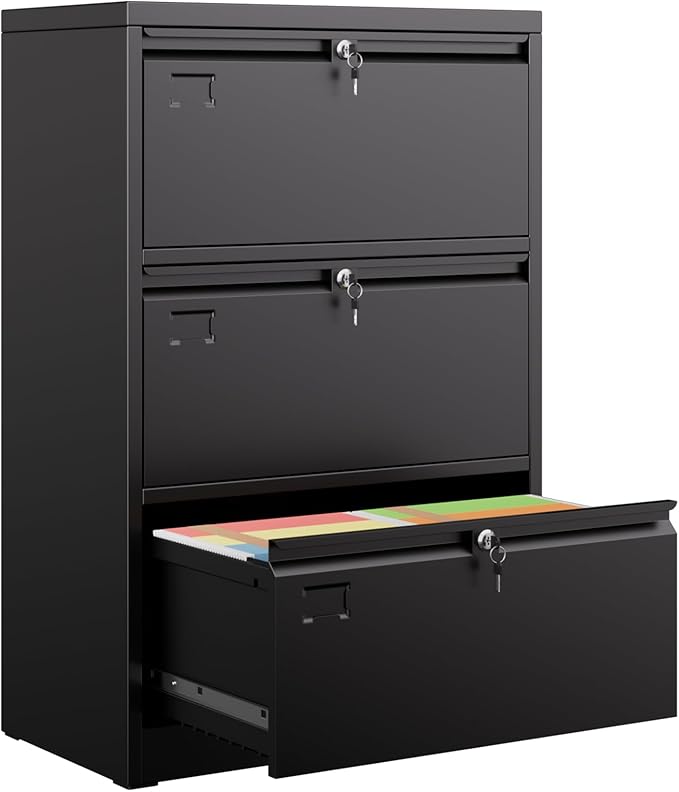 METAN Upgrade Metal 3 Drawer Lateral Files Cabinet for Home Office, Lockable Steel Wide File Storage Cabinet for Hanging Legal/Letter A4 Size, Assembly Required, Black