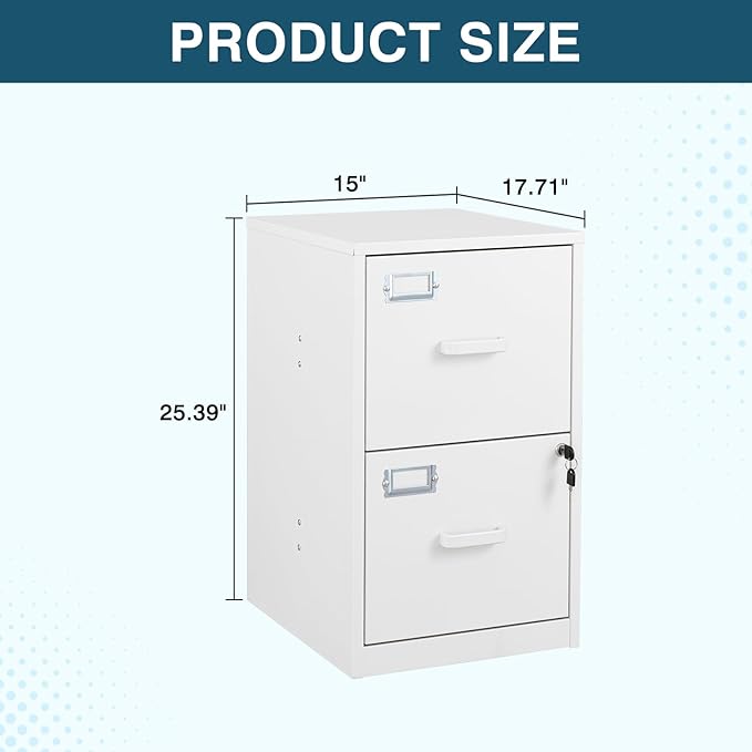 MIIIKO 2 Drawer Filing Cabinet with Lock, Metal Vertical File Cabinets for Home Office, Lockable File Storage Cabinets Under Desk, Letter/A4 File Folders Storage（White-Assembly Required