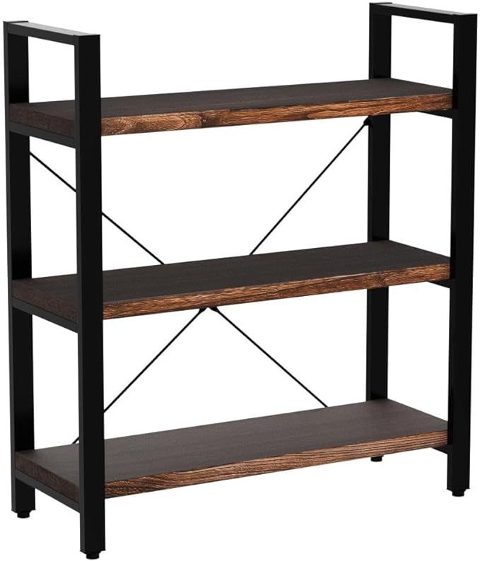 Natural Real Solid Wood Bookcase,3 Tier Metal and Wood Open Book Shelf Storage Farmhouse Wide Etagere Bookcase for Office Living Bedroom