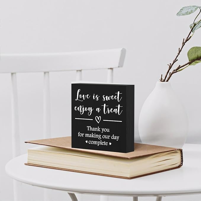 Love is Sweet Enjoy a Treat Wooden Box Sign Decorative Wedding Party Dessert Table Wood Box Sign Home Decor Rustic Square Desk Decor Sign for Shelf 5 x 5 Inches-502