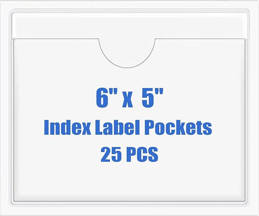 Origin-Joy 25 PCS Self-Adhesive Index Label Pockets, Clear Plastic Peel & Stick Card Holders with Top Open for Loading (6 x 5 inch)