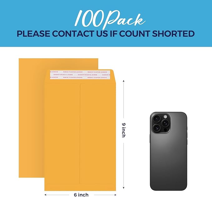 ACSTEP 100Pack Manilla Envelopes 6 x 9 Brown Kraft Catalog Envelopes Self Seal for Mailing