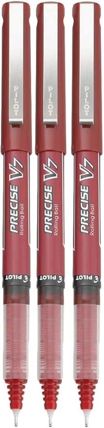 Precise V7 Stick Rolling Ball Pens, Fine Point (.7mm), Red Ink, 3-pk; Bundle with Plastic Reusable Pouch