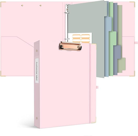 Ospelelf Binder 3 Ring 1 Inch, Solid Pink Round Ring Clipboard Binder for Letter Size Paper with 5 Tab Dividers, for School and Office Supplies