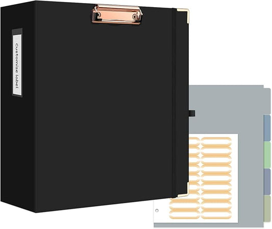 Ospelelf 3 Ring Binder, 3 Inch, Cute Letter Size (11" x 8.5") with 5 Tab Dividers, File Folder Labels and Low Profile Clipboards, Black Binder for School and Office Supplies