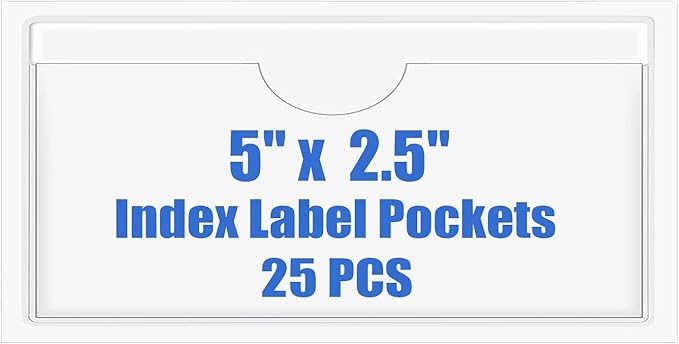 Origin-Joy 25 PCS Self-Adhesive Index Label Pockets, Clear Plastic Peel & Stick Card Holders with Top Open for Loading (5 x 2.5 inch)