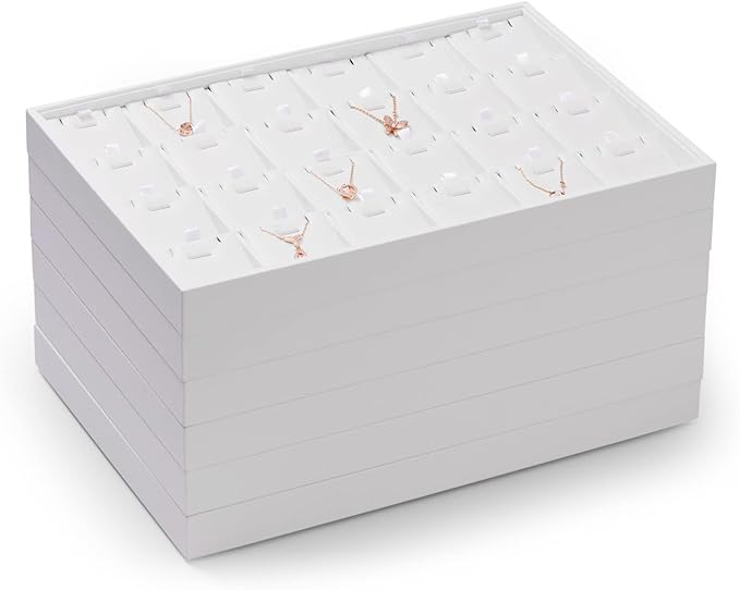 Oirlv Premium White Leather Stackable Jewelry Tray 24 Grid Jewelry Drawer Organizer Trays Rings Earrings Storage