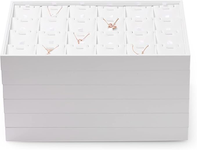Oirlv Premium White Leather Stackable Jewelry Tray 24 Grid Jewelry Organizer Tray with Removable Inserts Cards Necklace Display Holder