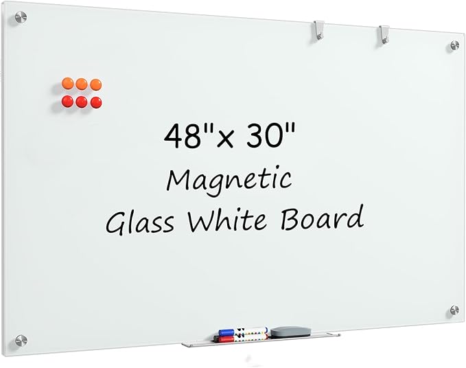 MaxGear Glass White Boards 48x30 Inches, Wall Mounted Magnetic Glass Dry Erase Board, Large Frameless Whiteboard with 1 Eraser,3 Markers and 6 Magnets for Office, School, Home