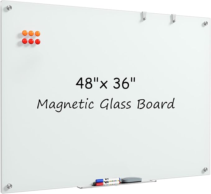 MaxGear Glass White Board 48x36 Inches, Wall Mounted Magnetic Glass Dry Erase Board, Large Frameless Whiteboard with 1 Eraser,3 Markers and 6 Magnets for Office, School, Home