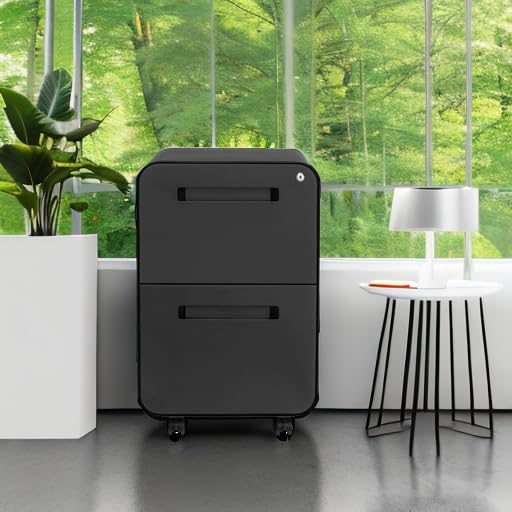 Laura Davidson Furniture Stockpile 2 Drawer Mobile File Cabinet with Lock - Under Desk Metal Filing Cabinet, Legal/Letter File Folders, Wheels and Stationary Feet, Pre-Assembled, Black
