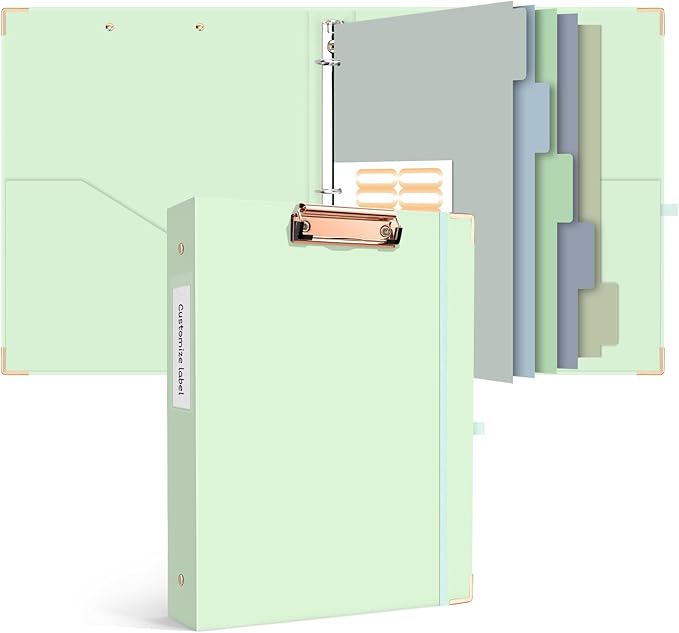 Ospelelf Binder 3 Ring 1 Inch, Green Plain Round Ring Clipboard Binder for Letter Size Paper with 5 Tab Dividers, for School and Office Essential Supplies
