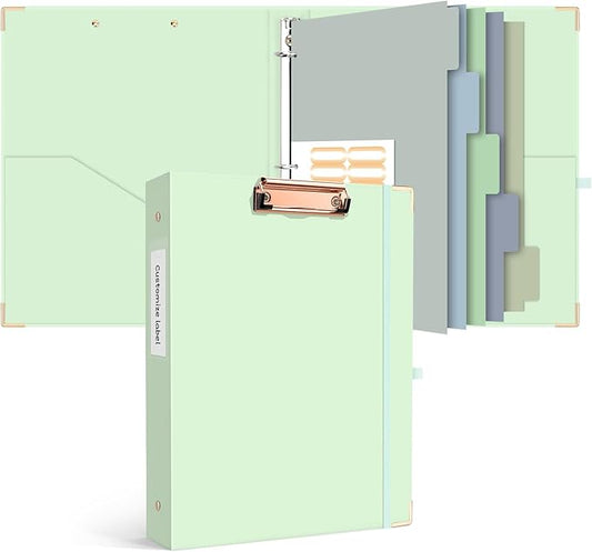 Ospelelf Binder 3 Ring 1 Inch, Green Plain Round Ring Clipboard Binder for Letter Size Paper with 5 Tab Dividers, for School and Office Essential Supplies