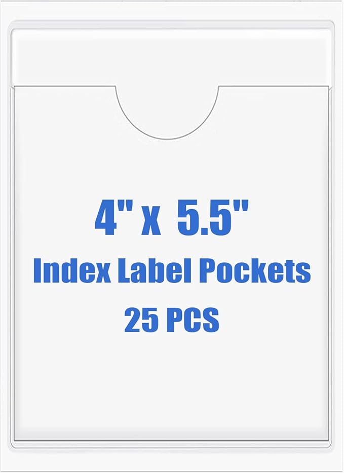 Origin-Joy 25 PCS Self-Adhesive Index Label Pockets, Clear Plastic Peel & Stick Card Holders with Top Open for Loading (4 x 5.5 inch)