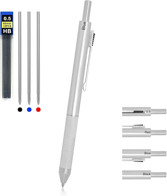 YOUMI Multicolor pen 4 in 1 Multifunction Pen with Metal Cased 0.5mm Mechanical Pencil Red Ballpoint Pen Blue BallpointPen and Black Ballpoint Pen Gift for Journaling (Silver)