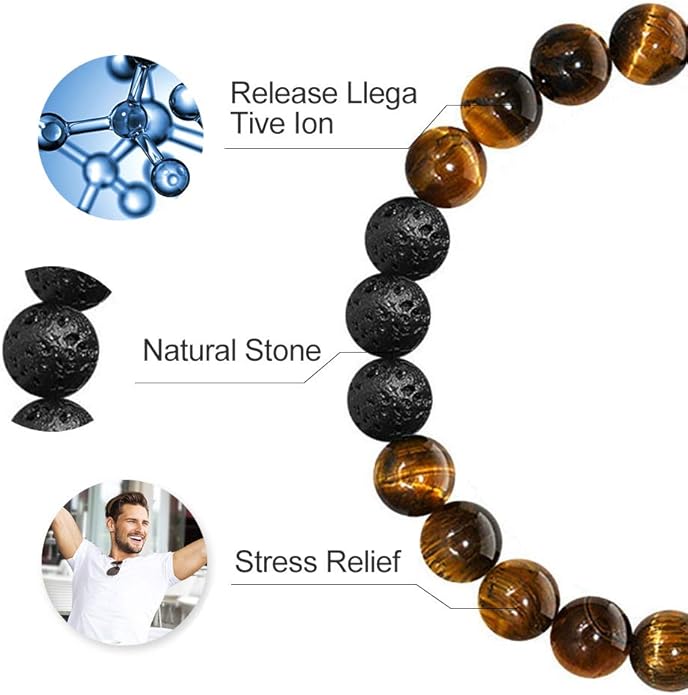 M MOOHAM Natural Stone Bracelets for Men - 8mm Tiger Eye | Matte Agate | Lava Rock Bracelets for Men Teen Boys Gifts Birthday Anniversary Christmas Gifts for Men Teens