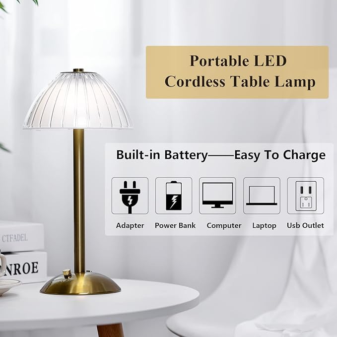Liliful 4 Pcs LED Portable Cordless Table Lamp Touch Battery Operated Rechargeable Gold Desk Lamp 3 Color Dimmable for Bedroom Living Room Dining (Gold,Mushroom Style)