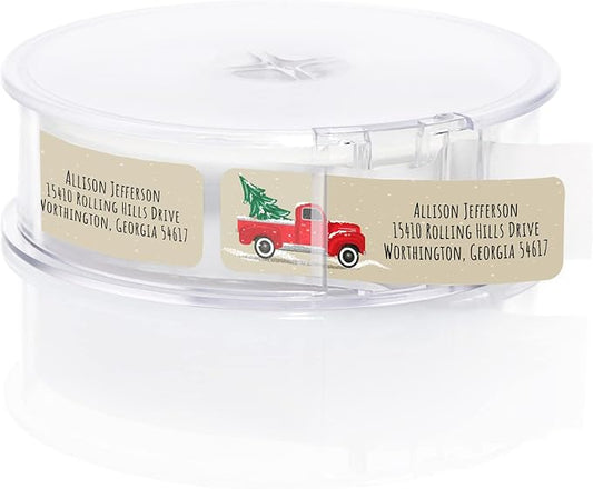 Red Holiday Truck Rolled Address Labels / 500 Personalized Return Address Labels/Designer Address Stickers in Elegant Plastic Dispenser