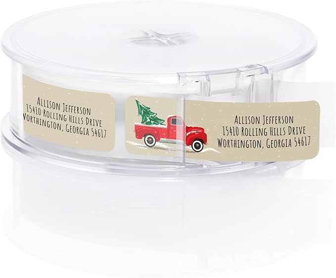 Red Holiday Truck Rolled Address Labels / 250 Personalized Return Address Labels/Designer Address Stickers in Elegant Plastic Dispenser