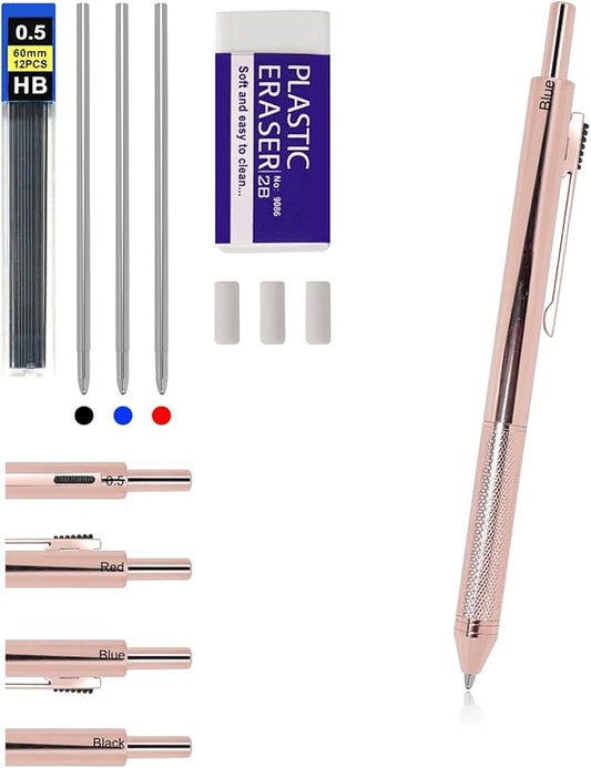 4-in-1 Four-Color Multifunctional Pen, Black/Red/Blue Ballpoint Pen and 0.5mm Mechanical Pencil, Metal Case Pen, Great Gift for Friends, Loved Ones (Rose Gold)