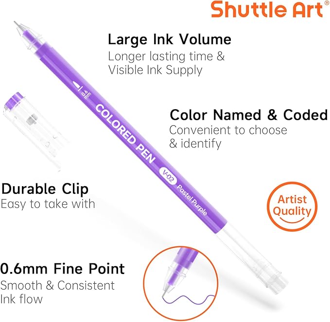 Shuttle Art Colored Pens, 72 Vibrant Colors Cute Journal Pens 0.6mm Fine Point Colored Gel Pens for Black Paper in Portable Bag for Coloring Writing Drawing Journaling Note Taking School Office Home