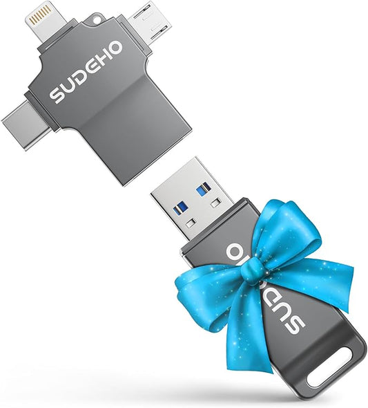 MFi Certified Photo Stick 256GB USB Flash Drive for iPhone, 4 in 1 External Memory Thumb Drive for Picture Video Backup, High Speed Memory Stick Pen Drive for iPhone/iPad/Android/PC (Gun Black)