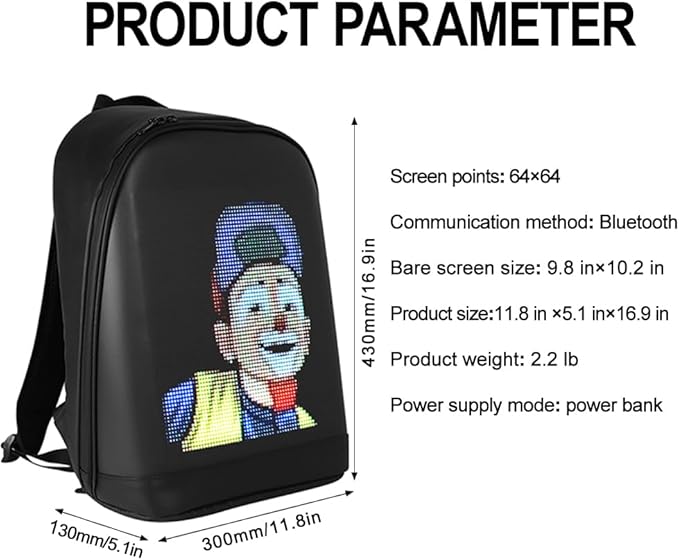 LED Color Screen Customizable photo/icon Backpack,Water-Resistant Travel Bag with USB Port and Comfortable Padding