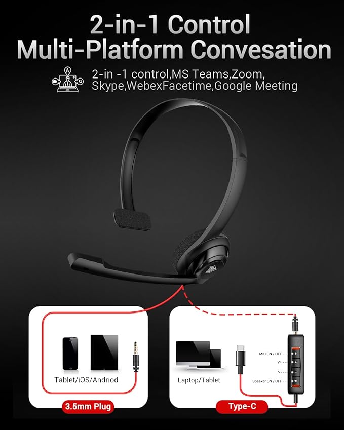 NUBWO HW02 USB C/3.5 Headset with Microphone,Computer Headset with in-line Mute & Volume Control,Wired Headset for Laptop,Skype,Zoom,Call Center,Meetings,Webinar,Home, Black, HW02C-WY-NUBWO-BLACK