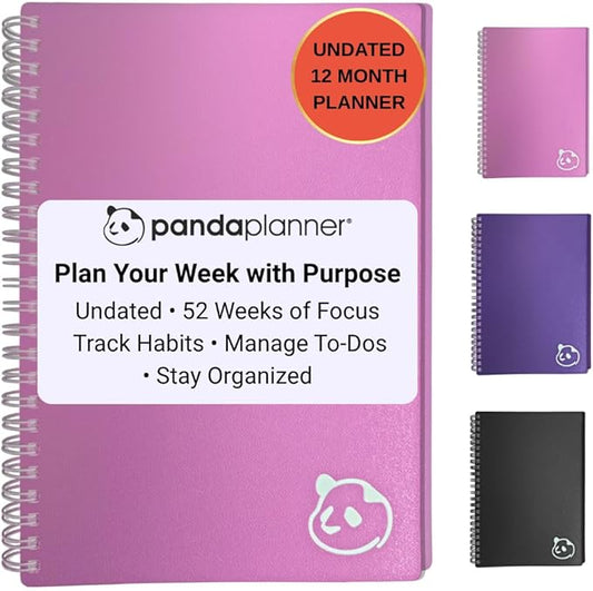 Panda Planner 2025-2026 Undated Weekly Planner, Weekly To Do List Notebook with Spiral Binding - 5.75” x 8.25”, 52 Weeks - Undated Planner with Habit Tracker Notebook for Home, School & Office (Pink)