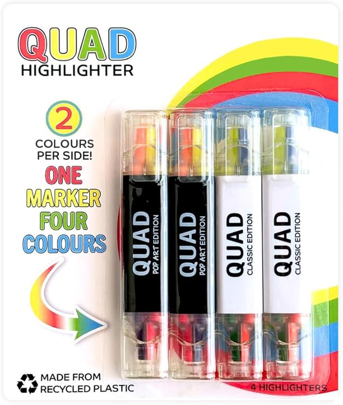 Pikk-it Quad Highlighter - 4 Colours (2 Per Side), Chisel Tip - No Bleed & Quick Dry - Pack of 4