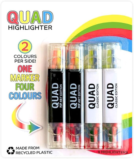 Pikk-it Quad Highlighter - 4 Colours (2 Per Side), Chisel Tip - No Bleed & Quick Dry - Pack of 4