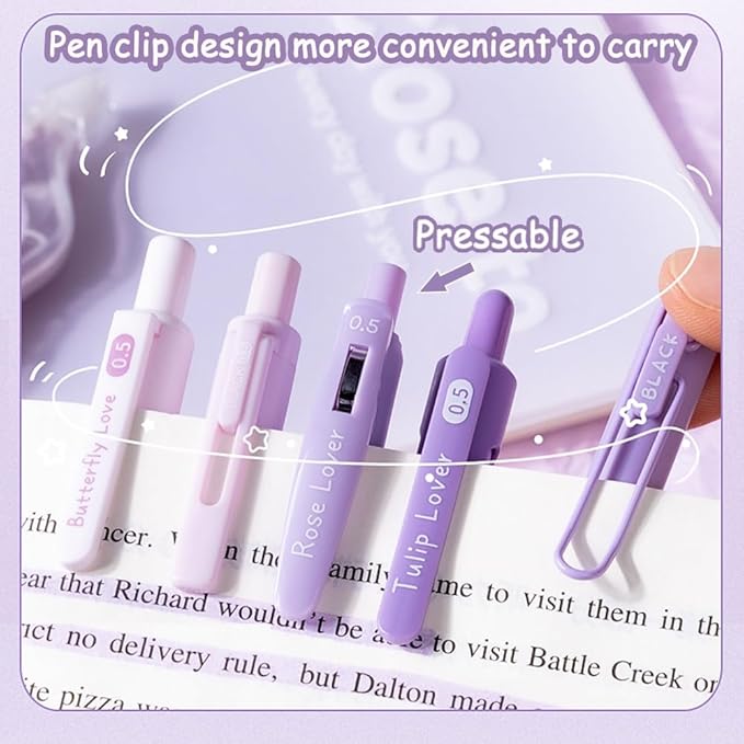Cute Gel Pens 5Pcs Retractable Quick Dry Ink Pens 0.5mm Fine Point Black Ink Kawaii Smooth Writing Pens for School Office Supplies Aesthetic pretty pens (Purple ice cream)