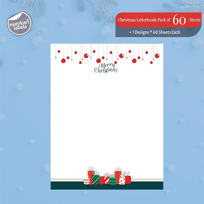 easykart labels Christmas Stationery Paper Letterhead Sheets 60 Pack Holiday Xmas Theme Design For Writing Letters Computer Office Notes & Printing Supplies Size 8.5" X 11"
