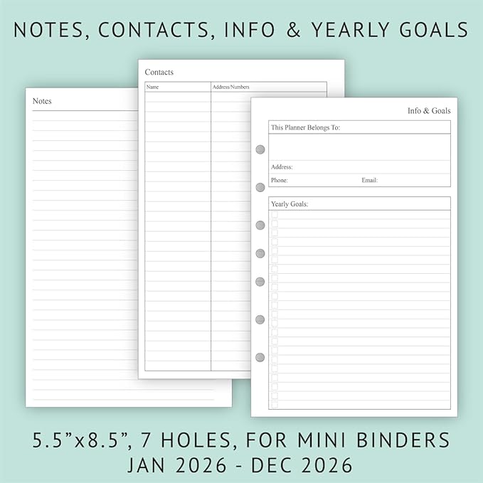 newestor 2026 Weekly & Monthly Planner Refill, 5-1/2" x 8-1/2", Jan 2026 to Dec 2026, 7-Hole Punched for Mini Binders