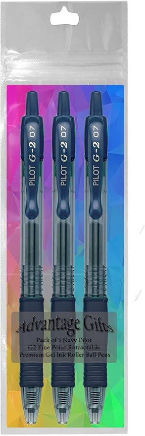 G2 Retractable Premium Gel Ink Roller Ball Pens Fine Point Fine Point (.7mm) Navy Ink 3-pk; Refillable & Premium Comfort Grip Bundle with Plastic Reusable Pouch