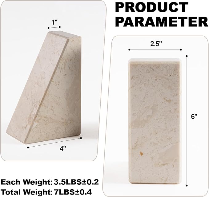 Marble Book Ends Decorative, Unique Bookends for Shelves, Bookends to Hold Heavy Books, Durable Book Holder Stopper for Home Office Desk Bookshelf Decoration, Turkey Natural Marble, Set of 2