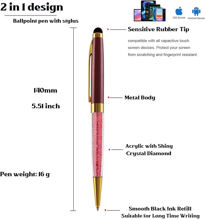 Ancolo Personalized Pens with Stylus tip stylish pens Crystal Diamond pen - Engraved with Your Name Logo or Message, Phone Number Black ink Perfect for Wedding Party any occations