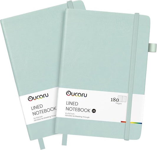 Oucaru Lined Journal Notebook, 2 Pack, 180 Pages, A5 Journals for Writing, 100 GSM Thick Paper, Small Notebooks Daily Journal for Women Men Work, Business, School, Travel Supplies